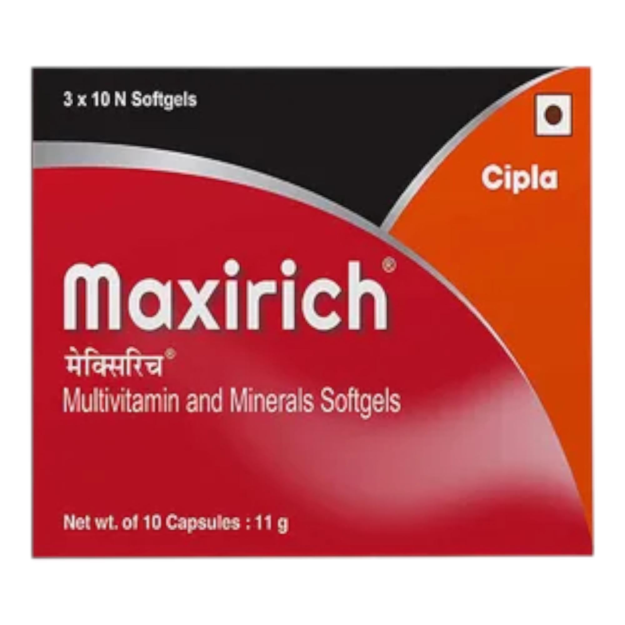 

Cipla Maxirich Щоденний Мультивітамін М яка капсула 10 Капсул Підвищує Енергію Імунітет Працездатність