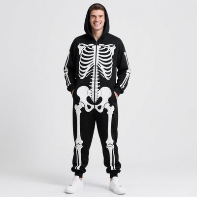 Fantasia de Halloween Estampa de Esqueleto Luminoso Pijama Combinando para Família Macacão de Manga Comprida com Capuz Adultos Crianças