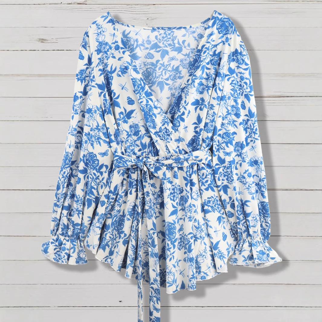

Новая женская рубашка с длинным рукавом, принтом и V-образным вырезом на шнуровке, элегантный и свободный топ 1XL синий