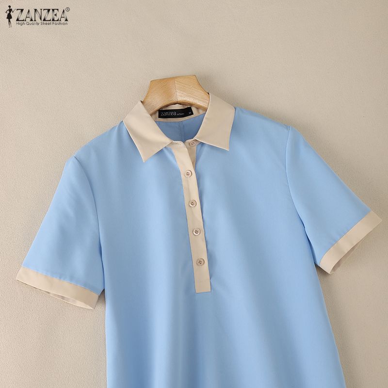 ZANZEA Women Casual Turn Down Collar Short Sleeve Shirt Dress
