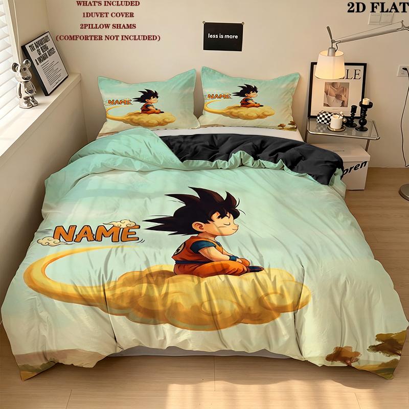 Custom Name,Cute Goku Pattern Bedding Home Decoration Birthday Gift ( 1 Duvet Cover + 2 Pillowcase, Without Core),fan Merchandise.