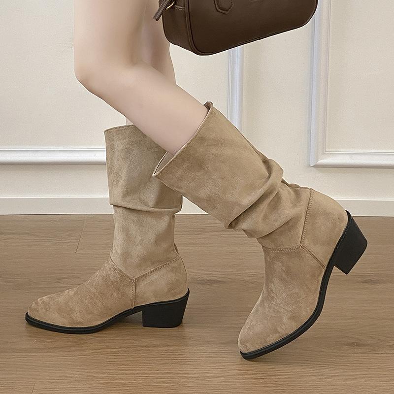 Inner Heightening Knight Boots Women's 2025 Thick Heel Autumn and Winter Western Boots Tall Retro Thin Pleated Piled Boots Long Boots
