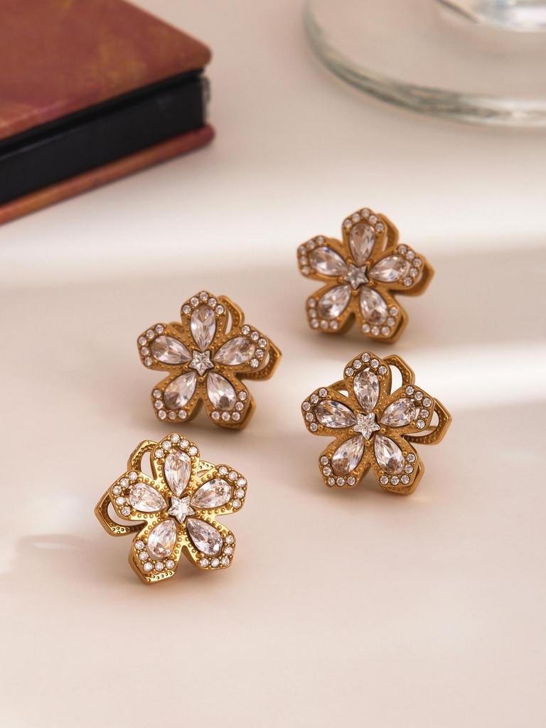 Oumika Oumei Five-Petal Zircon 360° Rotating Jewelry Set: 18K Gold-Plated Earrings, Ring, and Necklace.