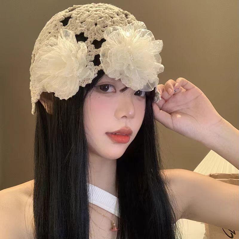 Summer Thin Korean Hollow Pearl Flowers Handmade Knitted Head Hat for Women Sweet and Cute Fashionable Niche Hat