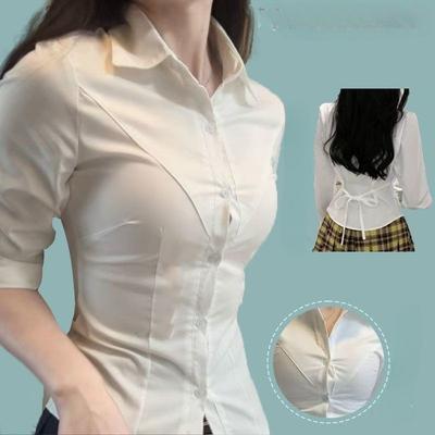 White Women's Waist Cinched Short Sleeved Shirt Unique Lace Up Design Slim Fit Blouse American College Style Ladies Tops
