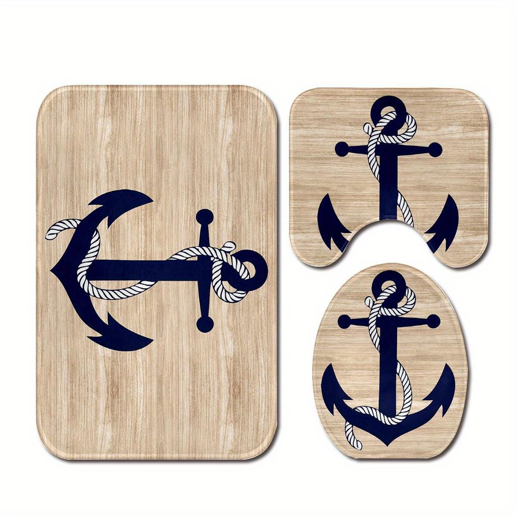 3pcs Sailing Boat Anchor Bathroom Rug Set Non-Slip U-Shaped Mat and Toilet Lid Cover Ocean Nautical Theme Washable Floor Mats