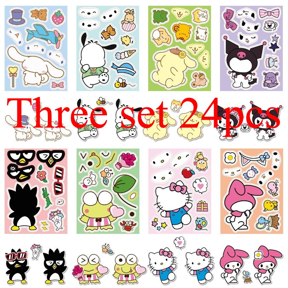 8 Sheets/Pack Sanrio Face Changing Stickers Cute Cartoon Make A Face Diy Puzzle Sticker Toy