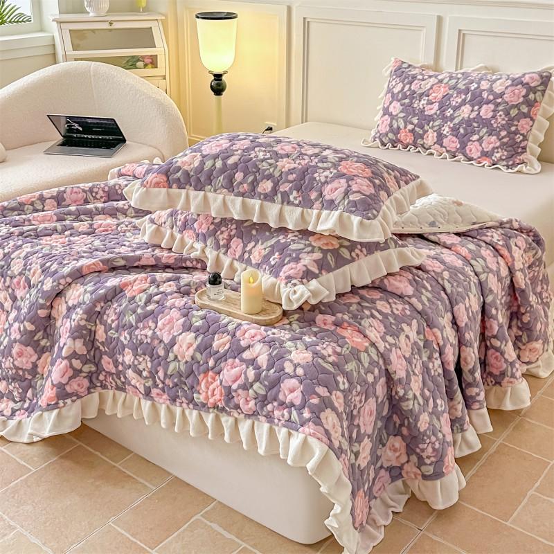 Thick Warm Milk Coral Fleece Bedding Set Floral Bedspread Quilt Cover Lace Trim Home