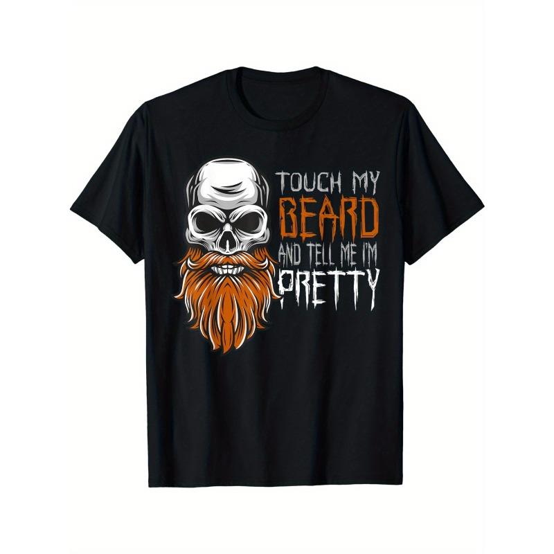 Beard Skull Pattern T-Shirt | Soft Men'S Crew Neck Short Sleeve, Orange and White Color Block Print, Casual Street Style, Comfortable Fit, Plus Size