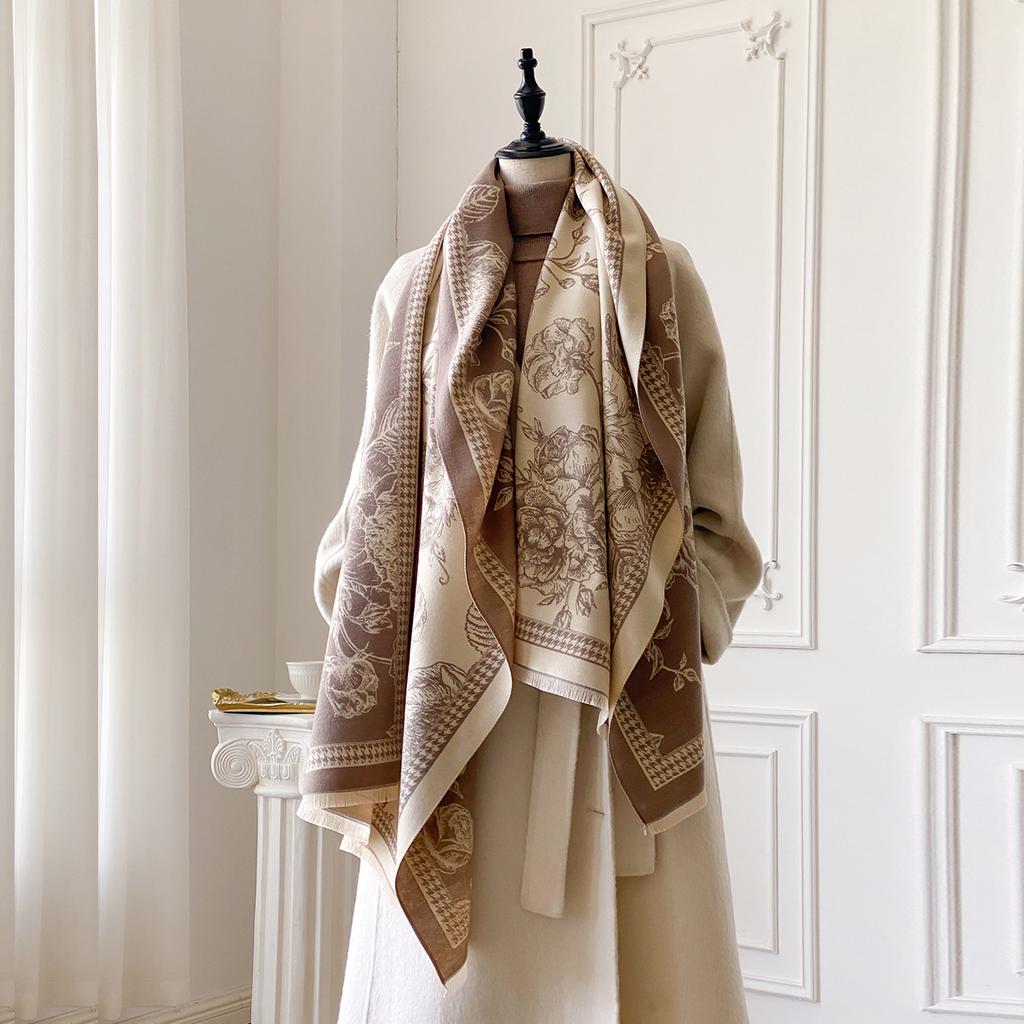 Women's Floral Print Thick Jacquard Faux Cashmere Scarf - Warm Simple Fashion Shawl for Autumn & Winter
