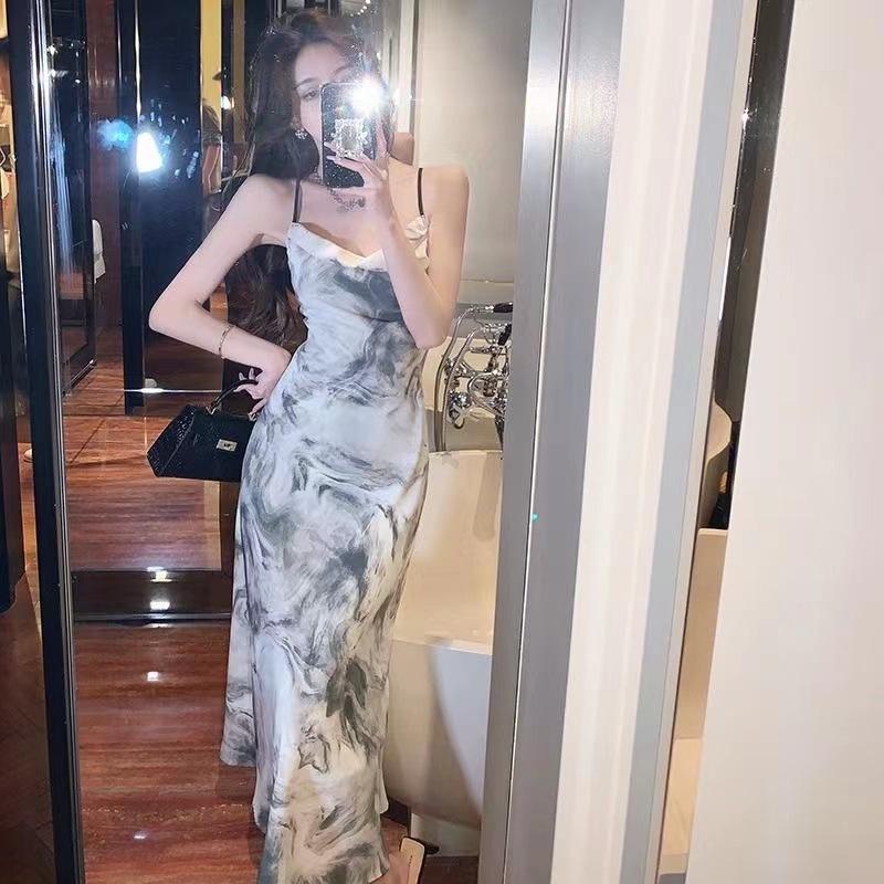 National Style Retro Dress Summer New Ink Painting Temperament Level Feeling Backless Temperament Suspender Skirt
