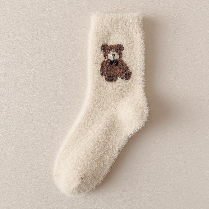 Women's Socks, Cartoon Cute Little Bear Mid-Calf Socks, Thickened for Autumn and Winter, Warm Wool Slouch Socks, New Style Socks
