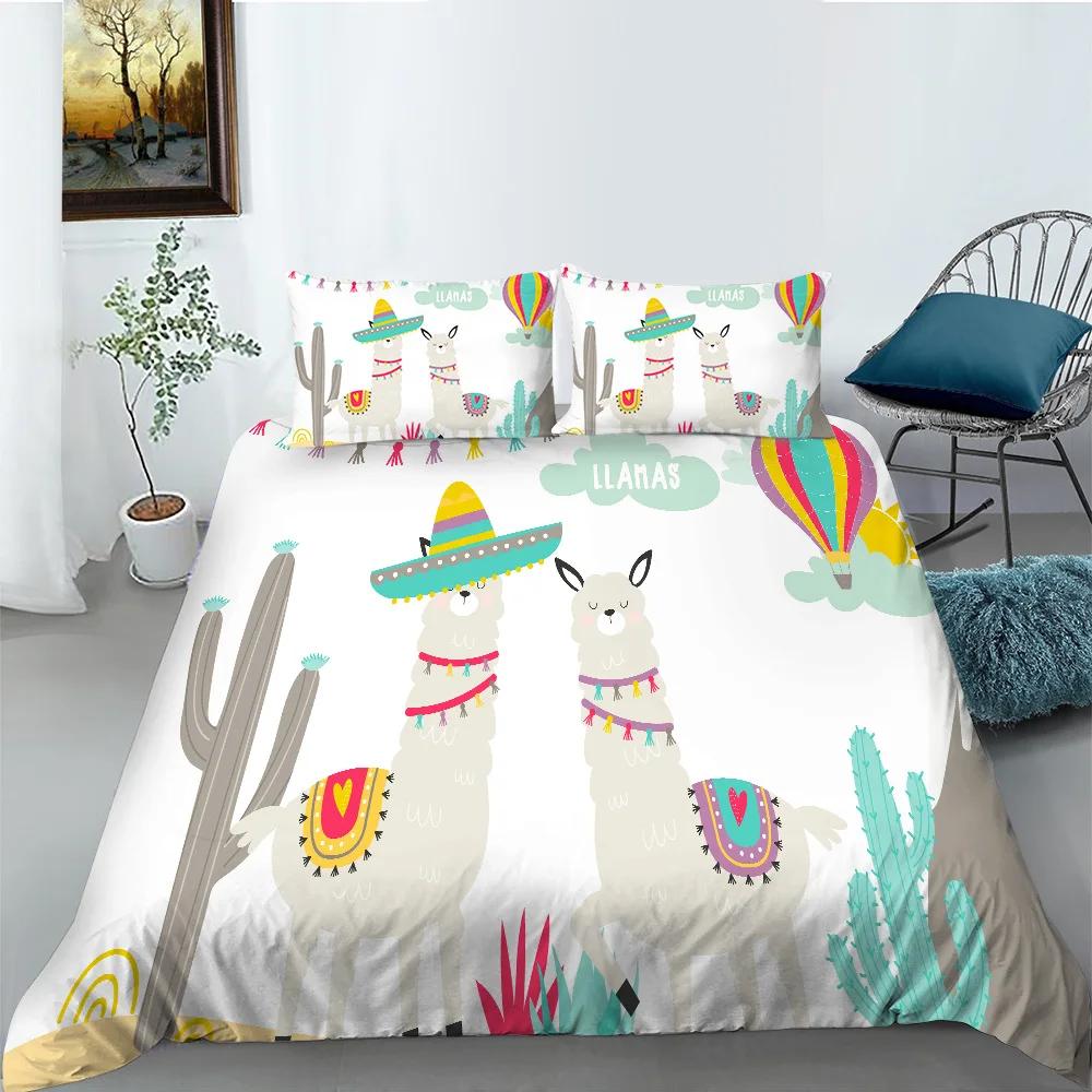 Cartoon Alpaca Duvet Cover King Queen Size Lovely White Animal Bedding Set for Kids Tropical Cactus 2/3pcs Polyester Quilt Cover