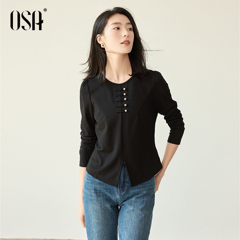 

OSA OSHA New Chinese Style Buckle National Style Long Sleeves T-shirt 2025 Spring New Arrival Women s Small Slit Loose Lazy Top Black S((45.00 kg-50.00 kg)