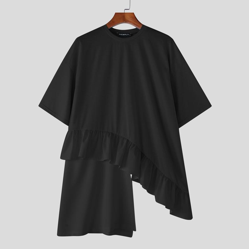 INCERUN S-XXXXXL Men O Neck Short Sleeve Patchwork Ruffled Hem Loose T-shirts