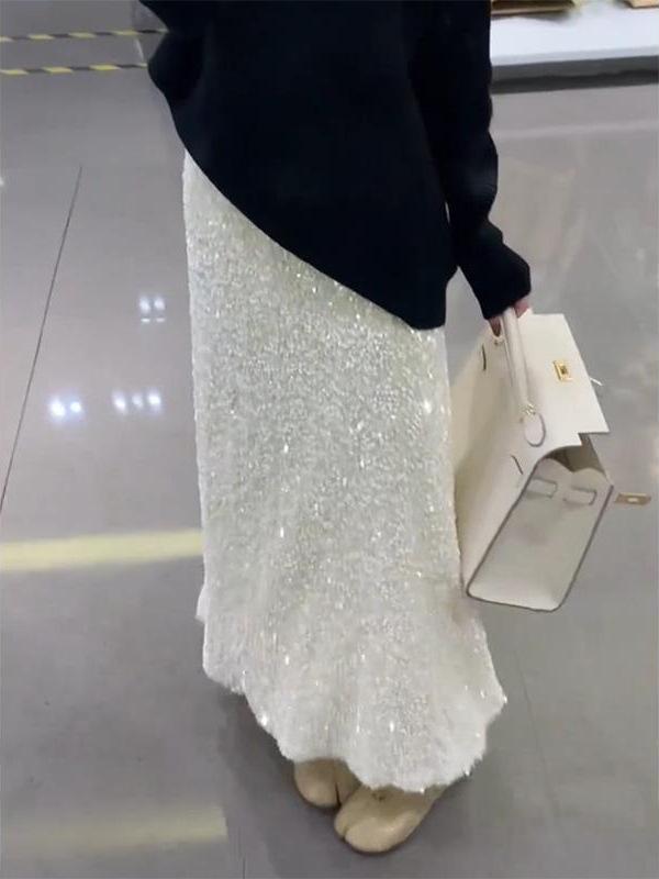 High-Waist Sequin A-Line Skirt for Women - Mid-Length, Autumn/Winter Fashionable Hip-Hugging Design