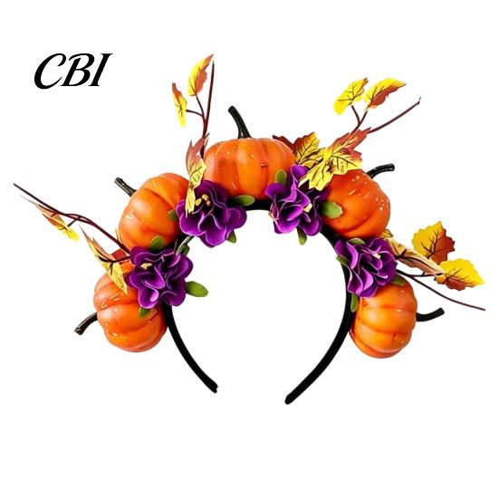 Bequemes Lang tragbares Stirnband Halloween Haarreif, Schwarz mit 3D Kürbis Herbstlaub Accessoire Rote Blumen, Universell Thanksgiving Tag Party