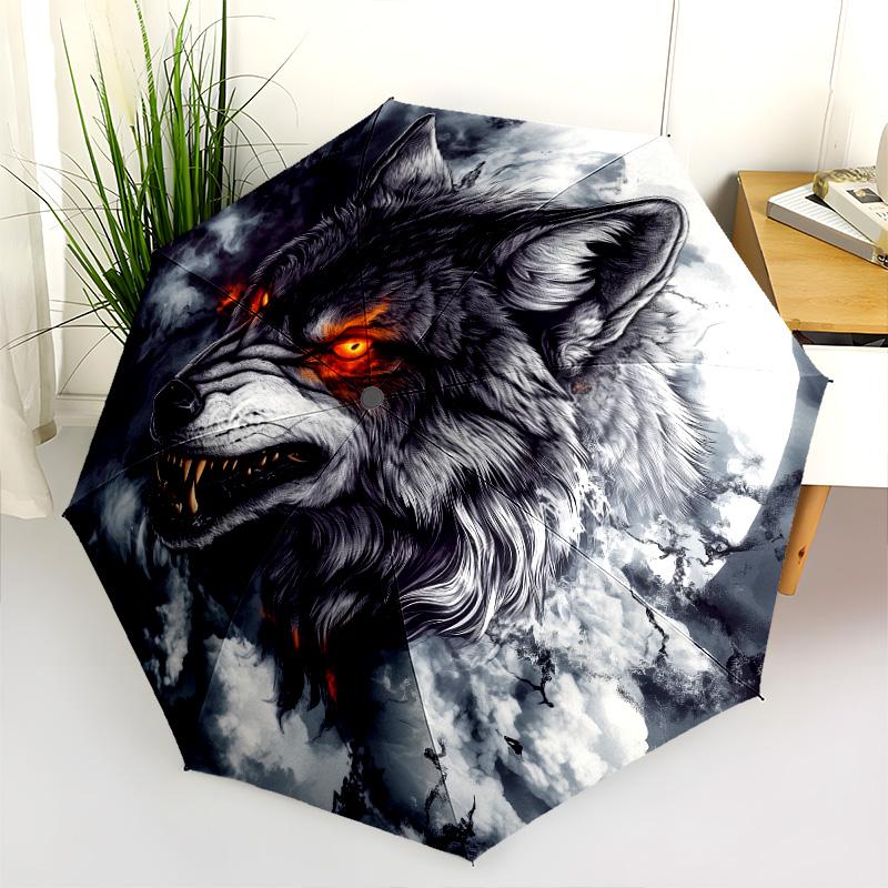 Roaring Wolf  Pattern, Automatic Folding Umbrella, Portable and Foldable Design, 8 Ribs, a Christmas or Birthday Gift.