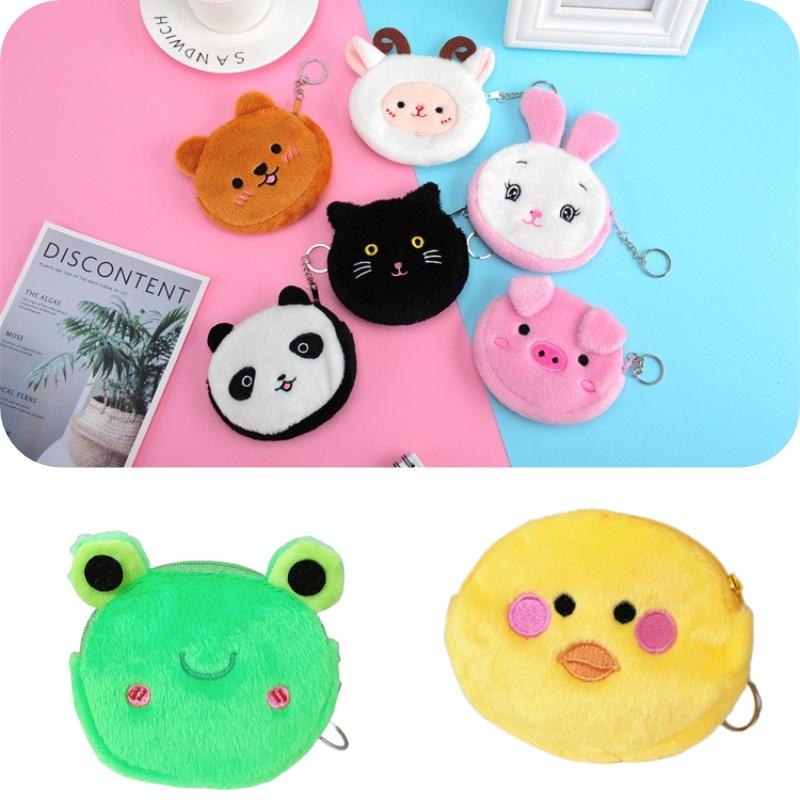 Cute Plush Coin Purse With Bear Head Design Cartoon Print Polyester Material