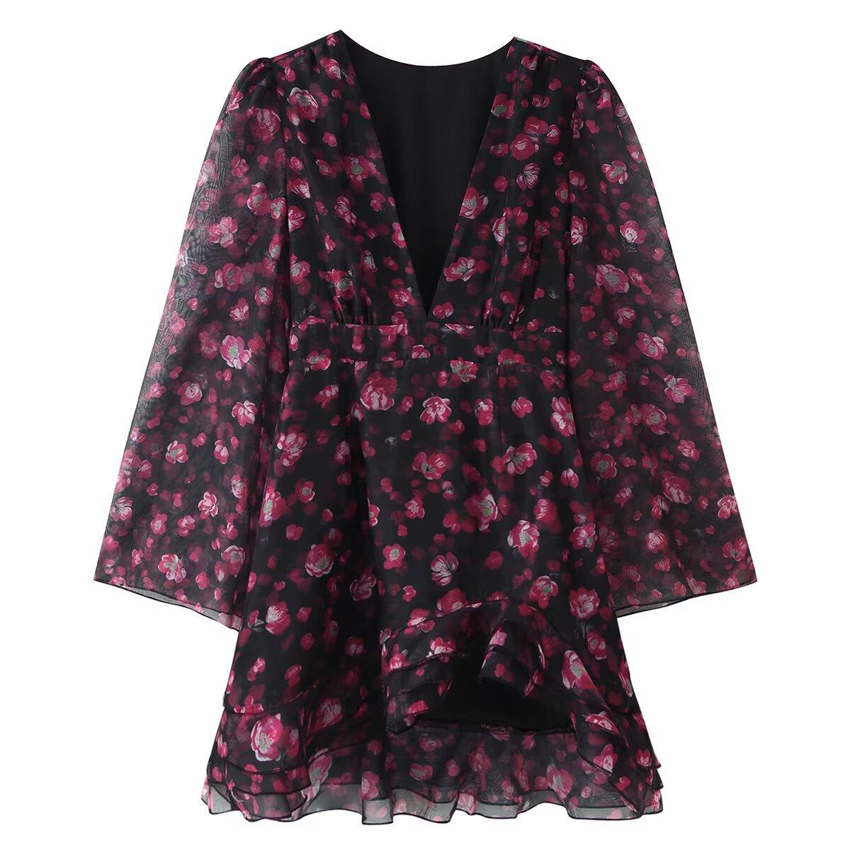 European and American women s clothing popular fashion yarn printing ruffle edge dress S