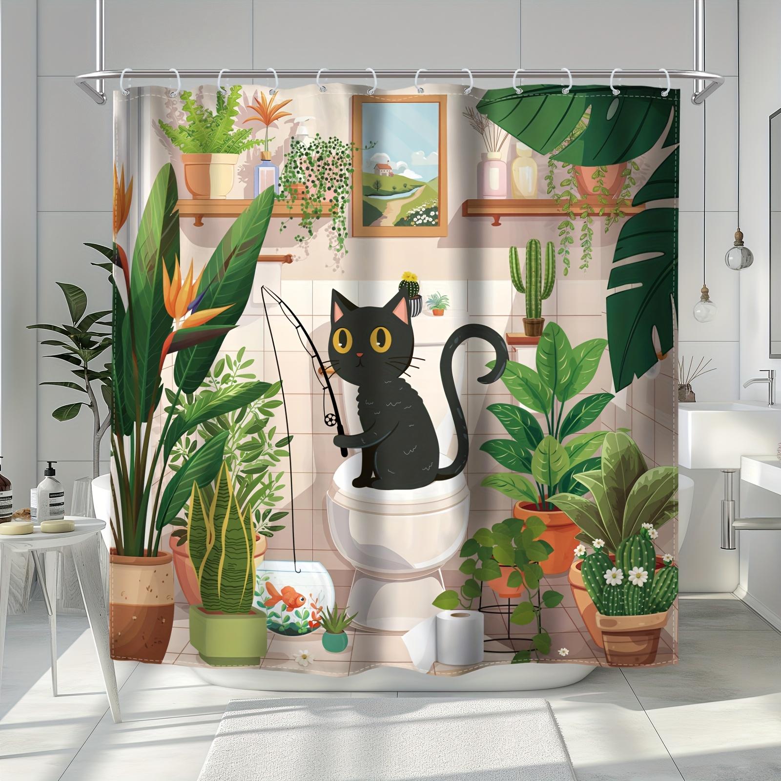

Charming Black Cat Among Plants Print Shower Curtain - Soft Microfiber For Travel, Pool & Spa - Ideal Gift For Cat Lovers W60H190(CM)-1 Pcs