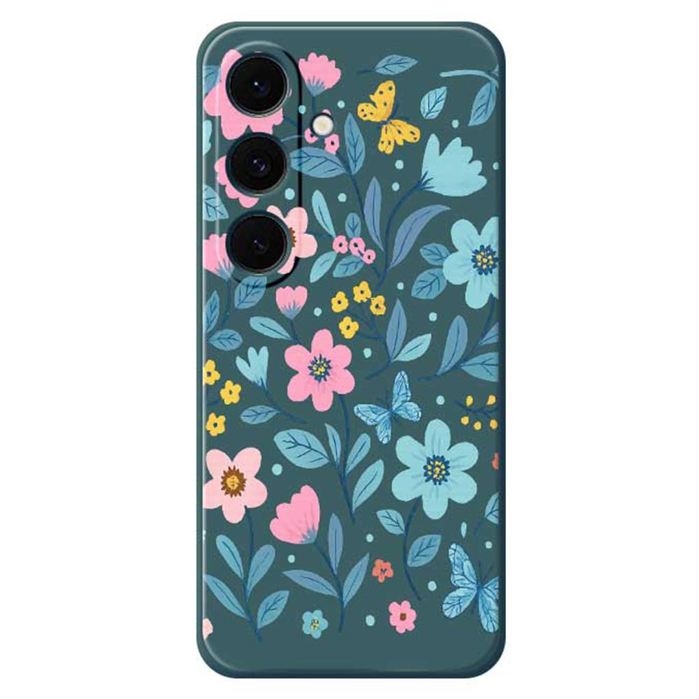 For Samsung Galaxy S25 FE Case Blue Pink Flowers Pattern Printing Straight Edge TPU Phone Back Cover