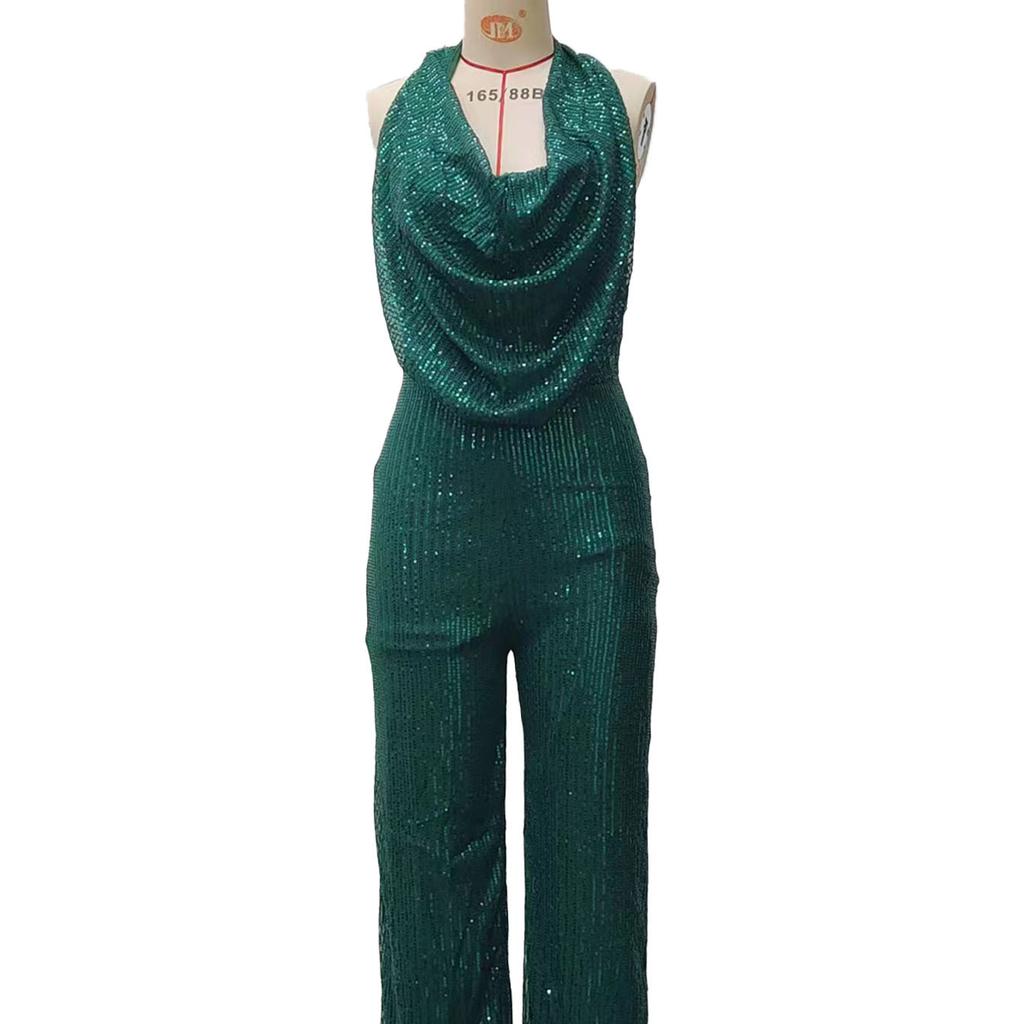 Women's Sleeveless Halter-Neck Sequin Jumpsuit, Glamorous Deep V-Neck Romper with Sparkly Embellishments, Perfect for Party, Evening Events