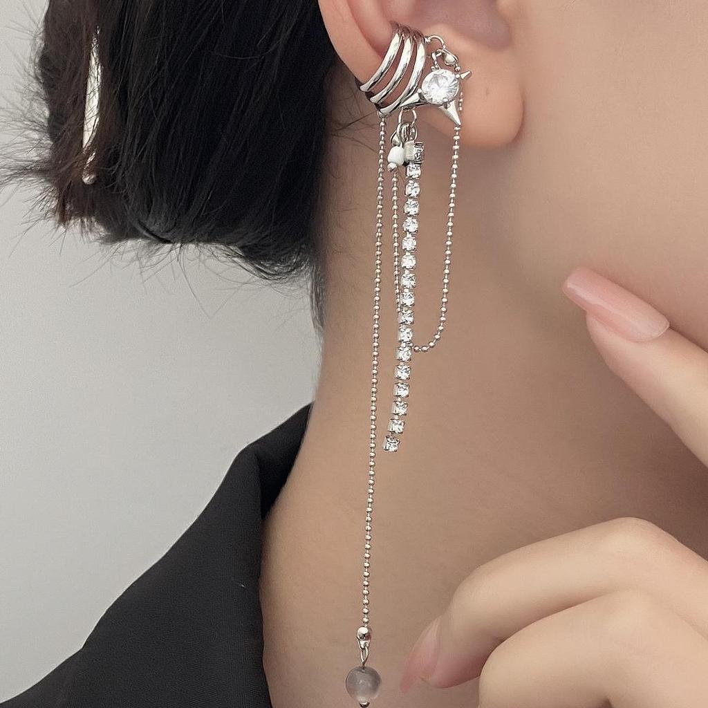 European & American Long Tassel Chain Clip-On Earrings - Versatile Fairy-Inspired Korean Style for Women