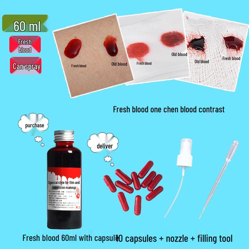 Washable Fake Blood Spray & Capsules for Halloween Makeup & Acting.