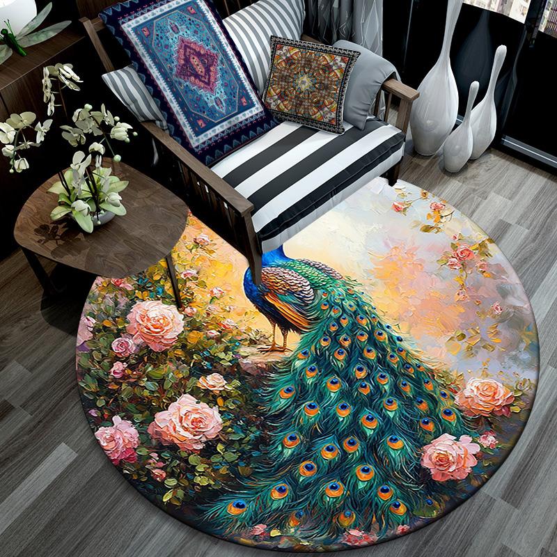Peacock Garden Round Area Rug,Carpet Rug for Living Room Bedroom Sofa Playroom Decor,Non-slip Floor Mat