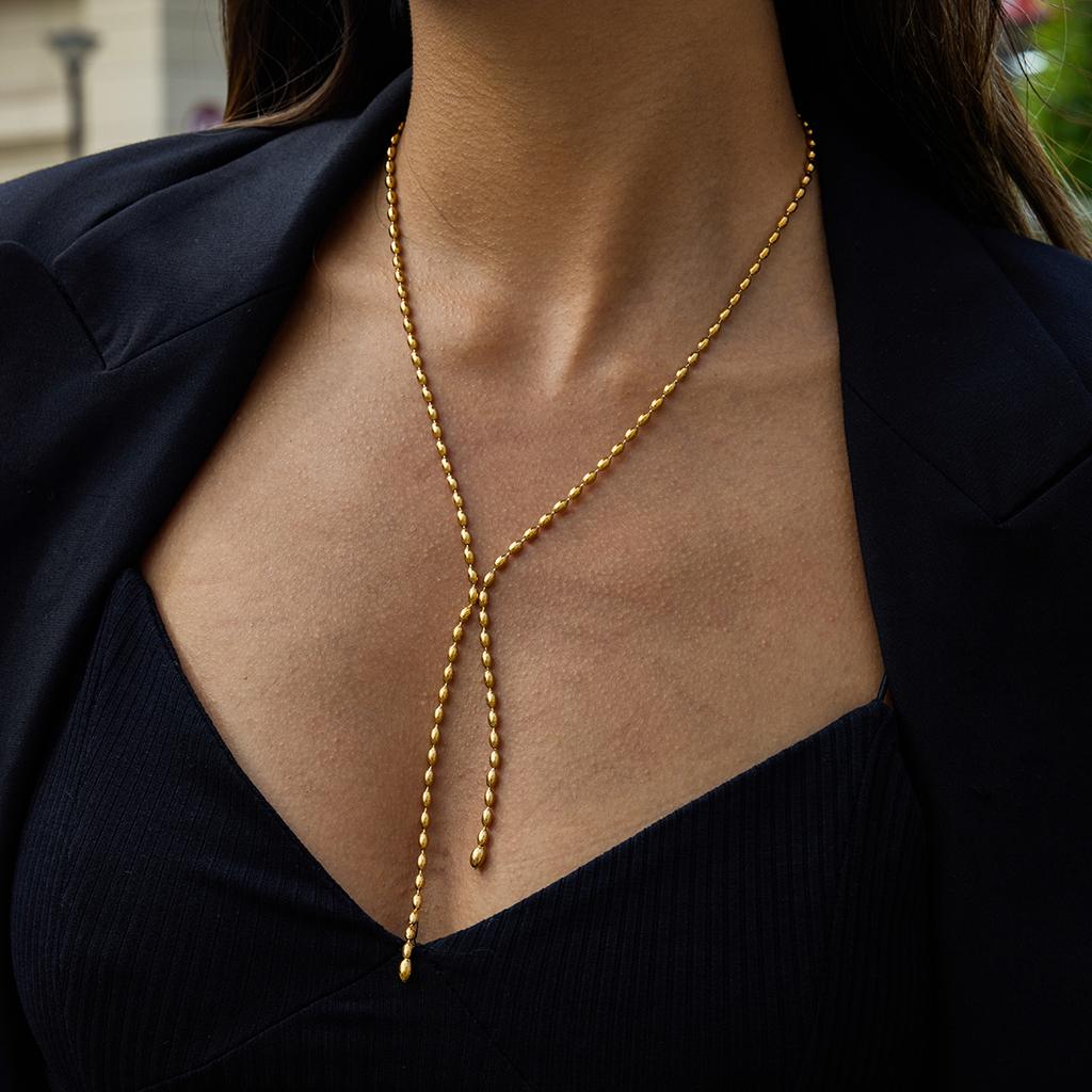 Yori Stainless Steel Rice Bead Tassel Y Chain Necklace for Women Rust Proof Metal High Quality Trendy Jewelry
