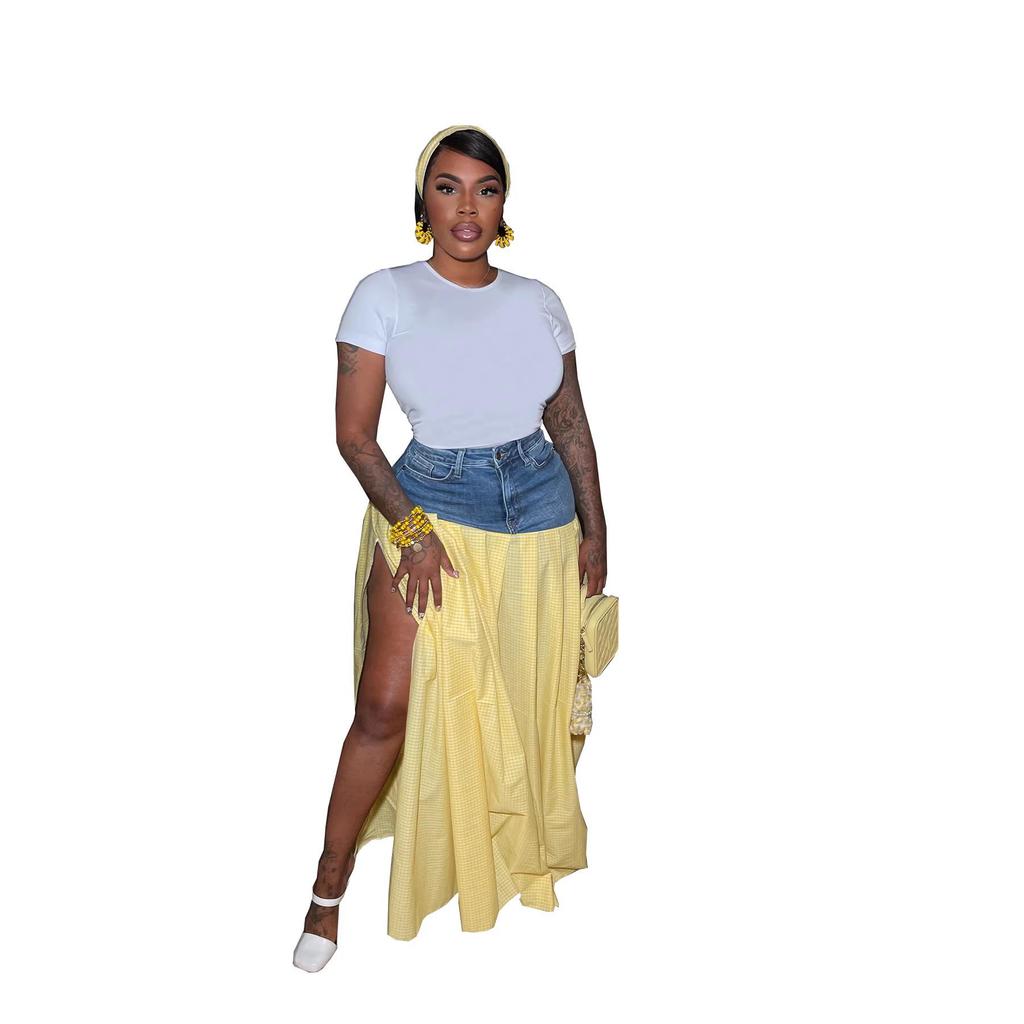 TW738 European & American Cute Fashion Spicy Girl High-Waisted Plaid Denim Patchwork Skirt