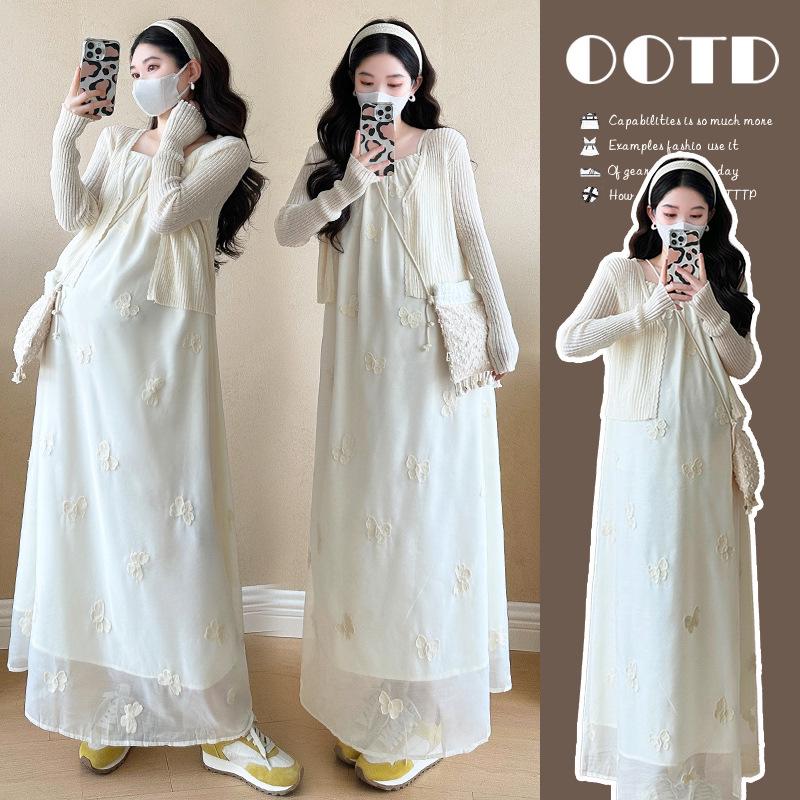 2026 Spring/Summer Maternity French Two-Piece: Long-Sleeve Cardigan + Butterfly Embroidery Camisole Dress M
