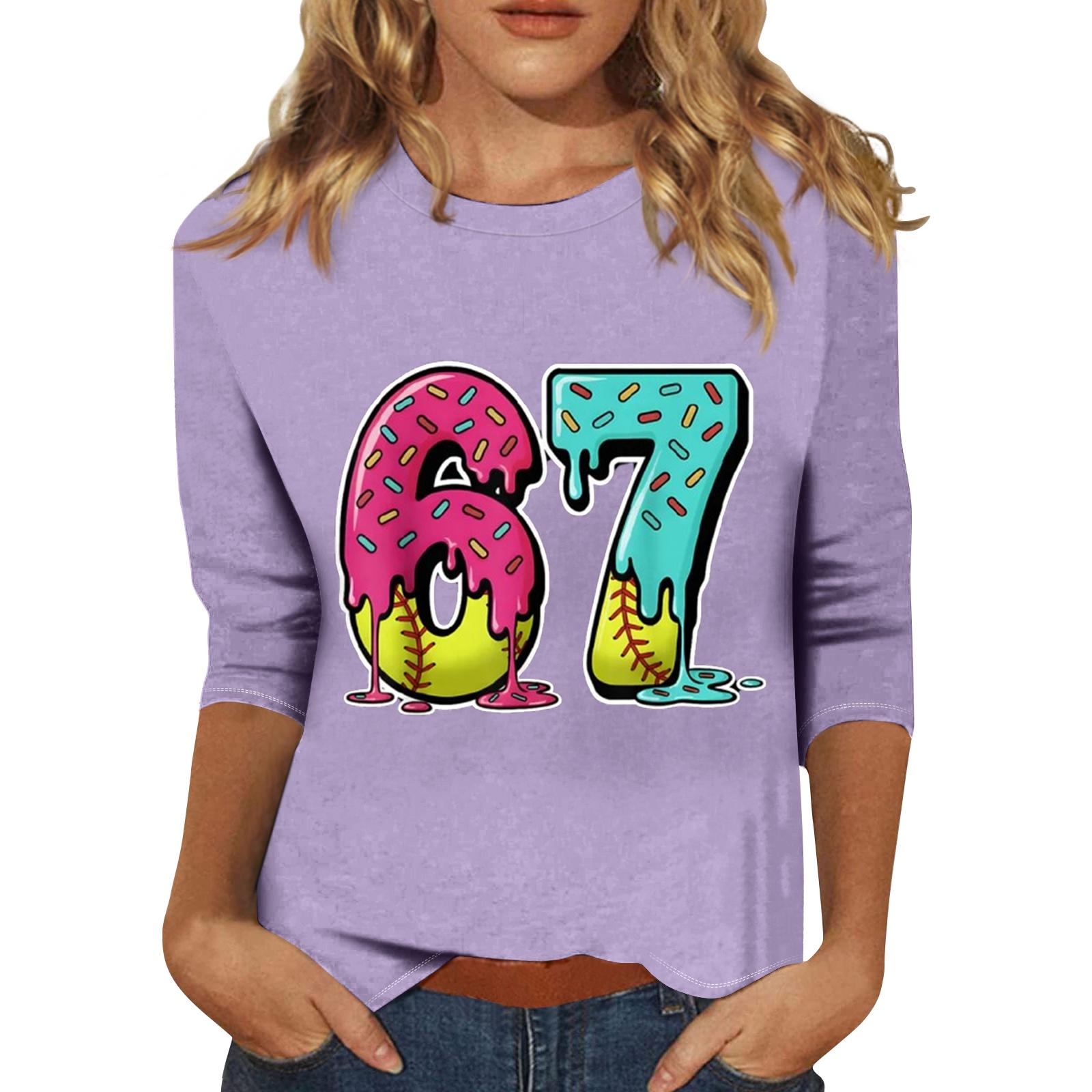 

Women s Fashionable Casual Three-Quarter Sleeve Printed Neck T-Shirt Top XL фиолетовый