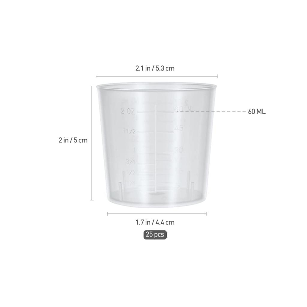 Amosfun 25-teilige Kunststoff-Messbecher, 60ml Bechergläser, Hitzebeständig, Klar, Skaliert, Kommerzielle Qualität, Bruchsicher, Tragbar, Kleines Fassungsvermögen