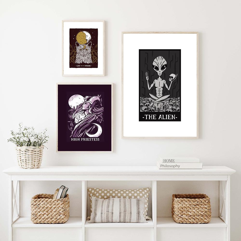 The Alien Sun Tarot Card Poster and Print Vinatge Moon Cat Canvas Painting Abstract Pictures Kids Room Home Decor