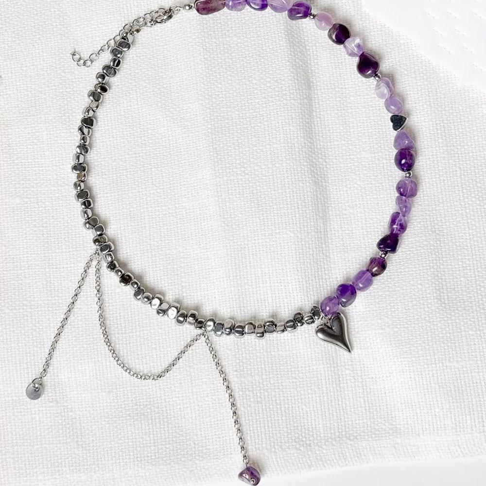 Vintage Heart Pendant Natural Purple & Black Gall Stone Chain Necklace for Women Choker Jewelry N0500