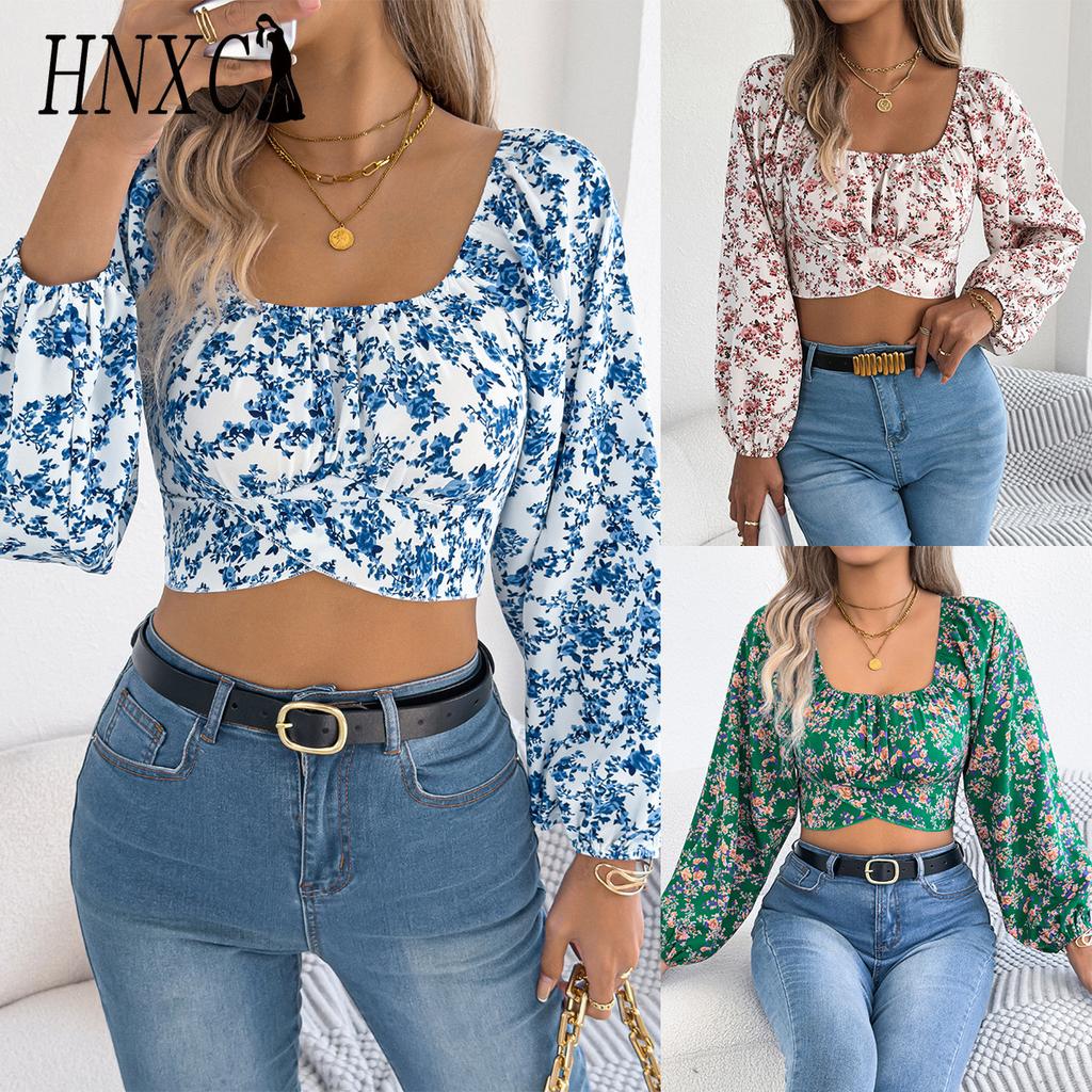HNXC Autumn Floral Lantern-sleeved, Lace-up, Waist-cinching Chiffon Blouse, Crop Top for Women
