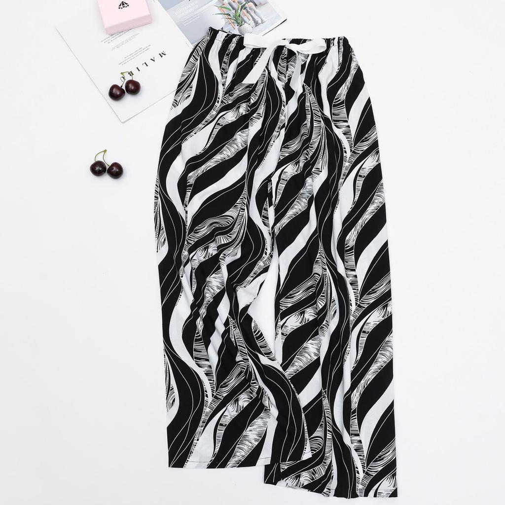 Women's Cotton-Silk Cartoon Pajama Pants, Summer Thin, Black & White Wide-Leg, Plus Size, Outdoor Beach Wear.