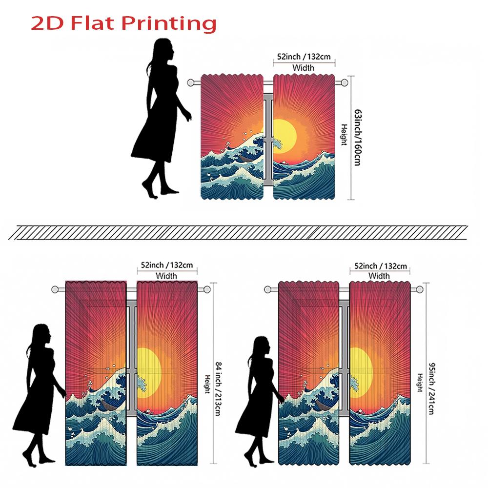 Flat Panels Semi Ocean Wave Curtain Sunrise Pattern Window Drapes Filtering Suitable With Sheer Polyester