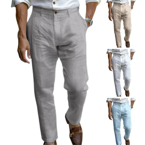 Men Linen Casual Pants Plain Color Dress Pants with Trousers Breathable Regular Fit Belt Loop