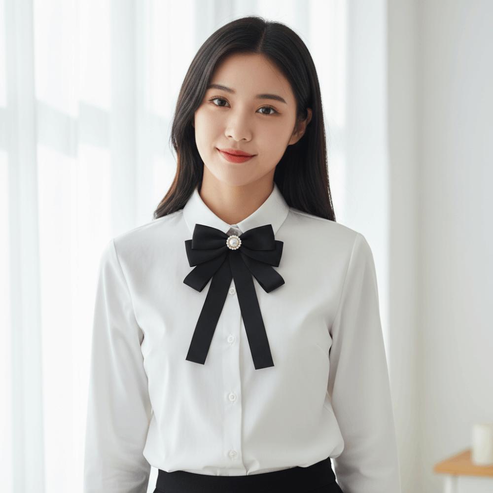 Pearl Black Ribbon Pin Rhinestones Ribbon Badge Brooch Elegant Black Bow Necktie  Mourning