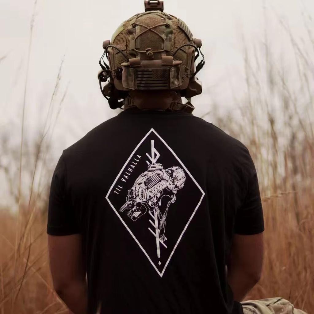 2026 Summer New Military Style Tough Guy Style Checkered Tactical Helmet Round Collar Men ShortSleeve Tshirt Tough Guy Clothing