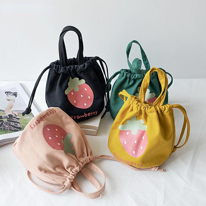 

Mini Canvas Drawstring Lunch Bag Handbag Storage Bag Female Cartoon Strawberry Lunch Box Small Cloth Bag Women Tote Food Bags