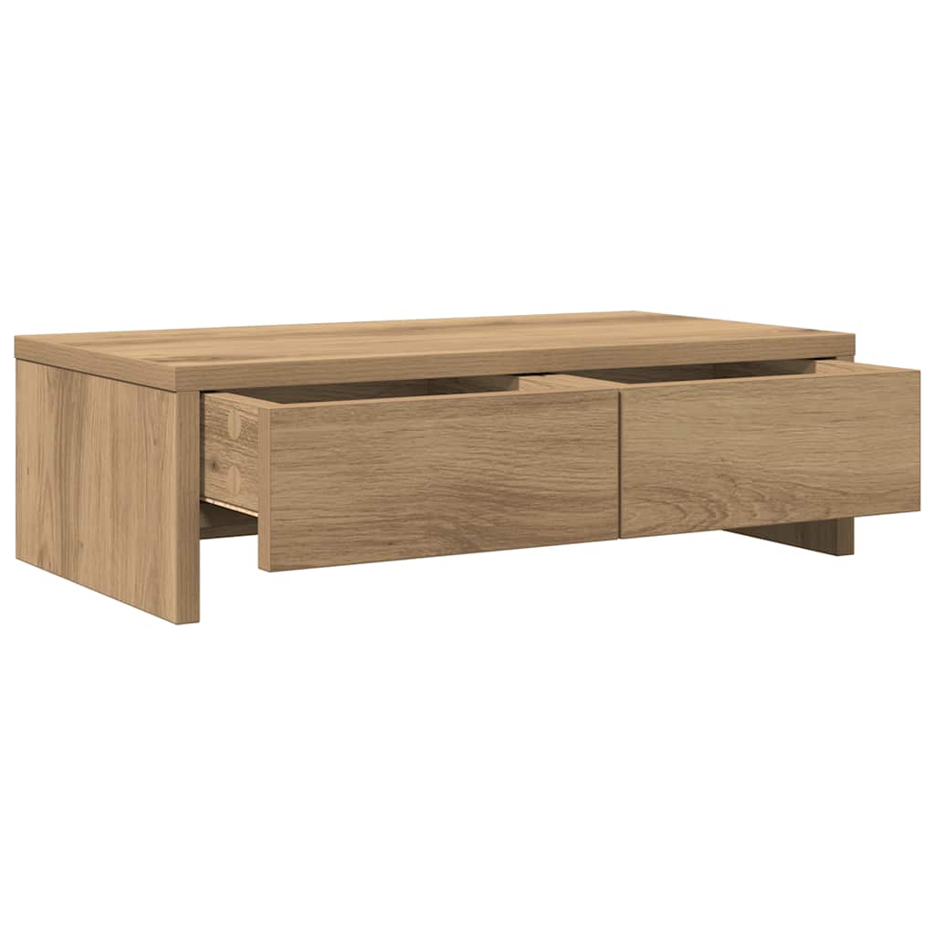 Dual Monitor Stand with Drawers Artisan Oak Finish 50 X 27 X 15 Cm