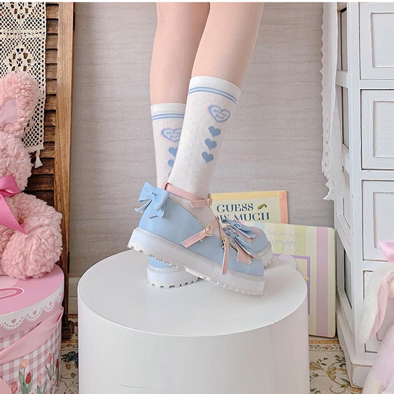 Fashion Lovely Girls Lolita Sweet Bowknots Platform Shoes,Students Cute Small Bell Heart Shaped Straps Flat Elevator Shoes Mary Janes