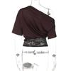 Women Sexy Slanted Neck Off Shoulder Short Sleeve Lace Patchwork Waist Cinched Cropped T Shirt