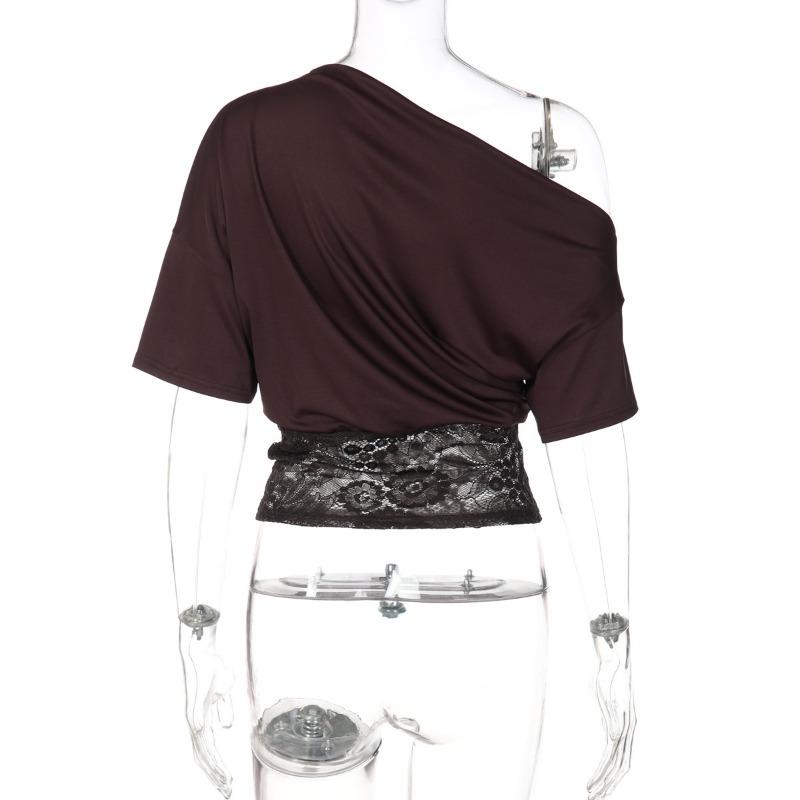 Women Sexy Slanted Neck Off Shoulder Short Sleeve Lace Patchwork Waist Cinched Cropped T Shirt