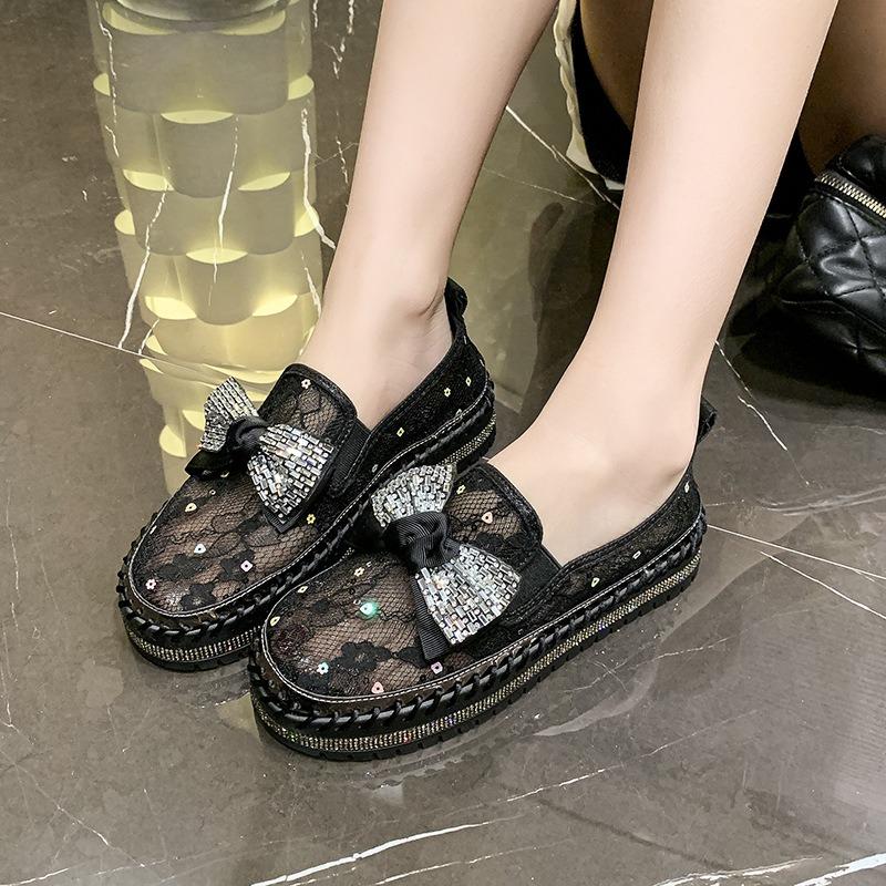 Summer rhinestone mesh muffin thick-soled casual single shoes women's shiny bow thick-soled stitching