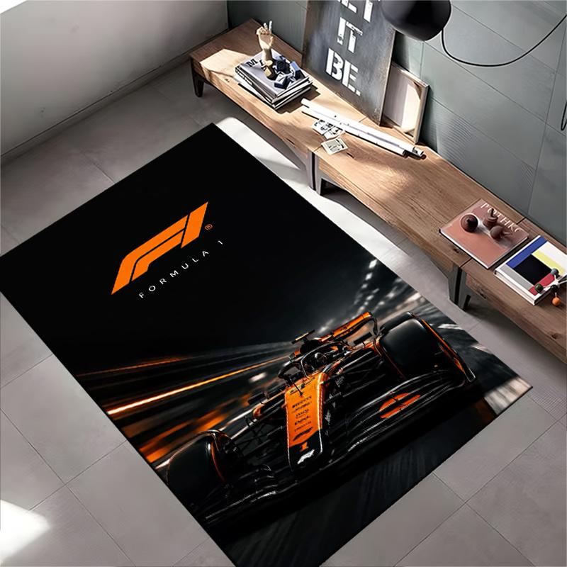 F1 Racing Area Rug, Formula 1 Orange Race Car Night Track Motion Speed Print, Motorsport Garage Decor, Non-Slip Mat